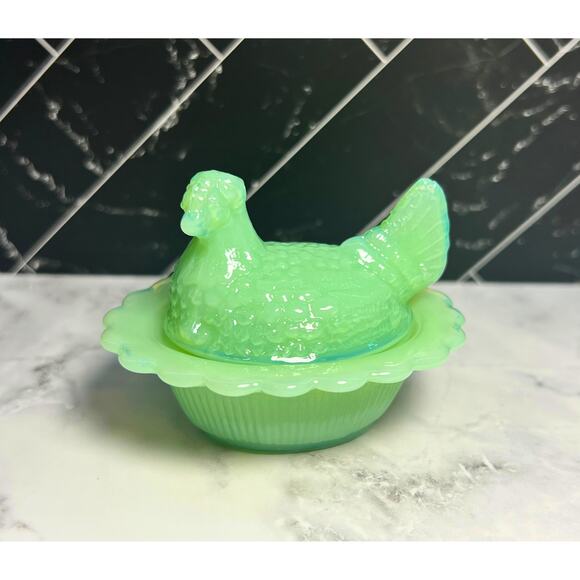 Mini Jadeite Glass Hen on Nest | Covered Chicken Dish | Mosser Glass - Picture 1 of 6